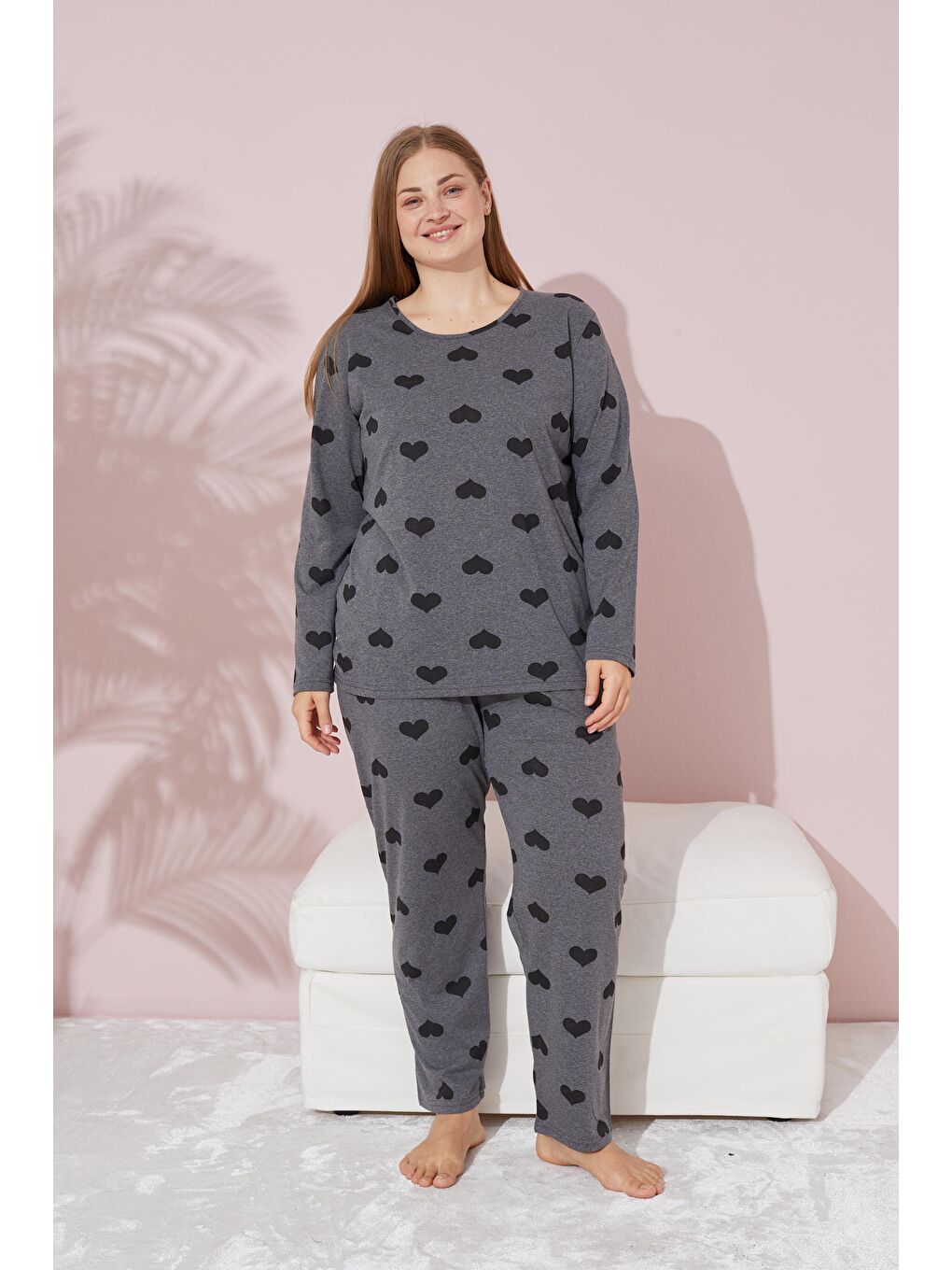 Antrasit Kalp Desenli Curve Büyük Beden Örme Pamuklu Pijama Takımı
