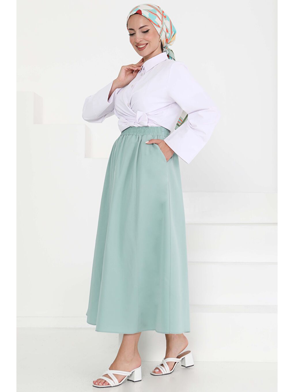 Yeşil Cepli Keten Etek Mint - 27294-1