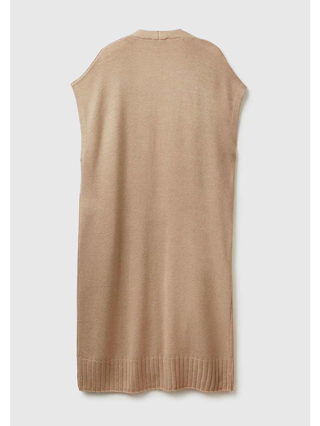 Kadın Bej Yün ve Kaşmir Karışımlı Ribana Detaylı Kısa Kollu Uzun Hırka-3