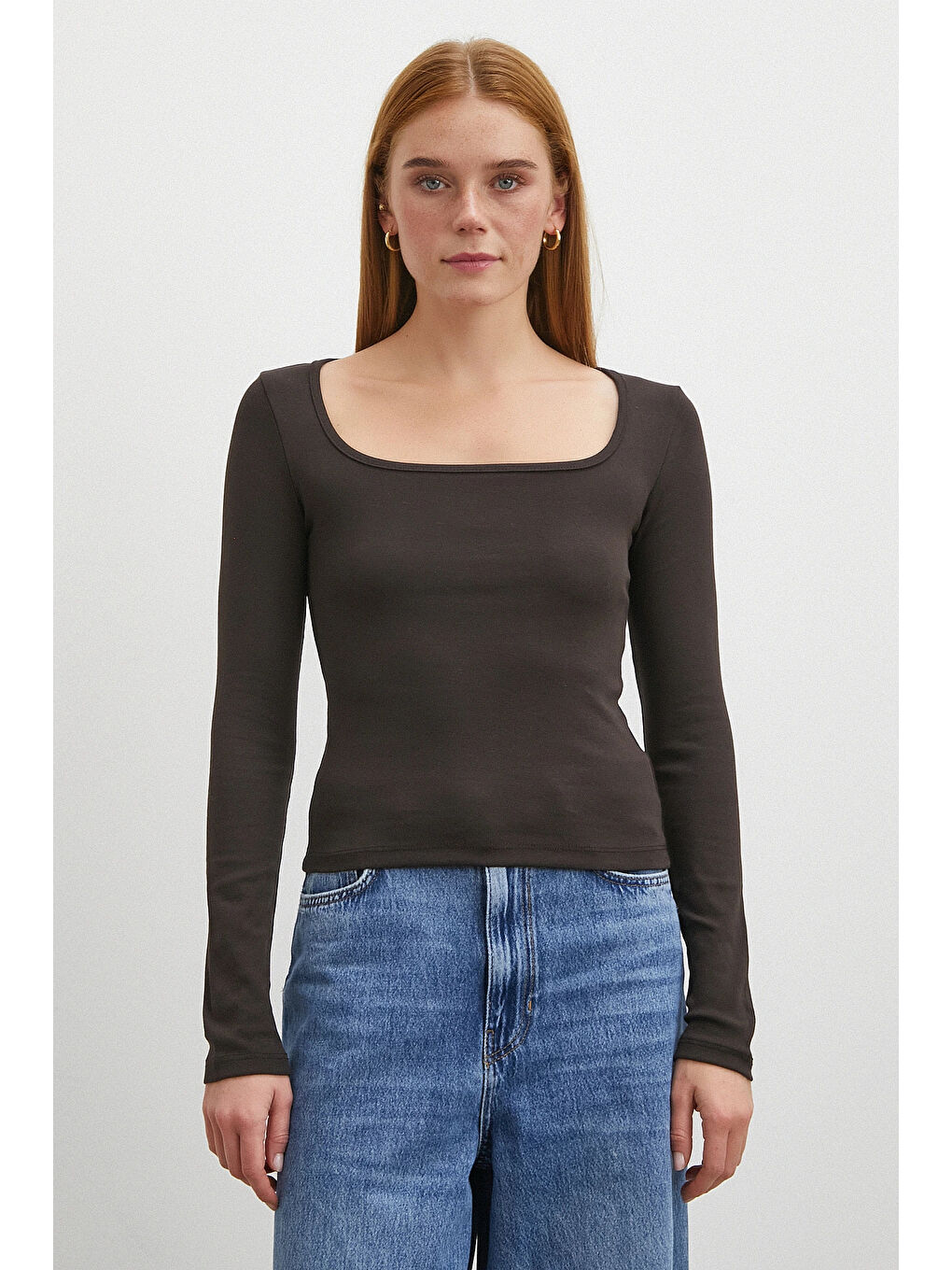 Karışık Uzun Kol Kare Yaka Bluz Kahve-4