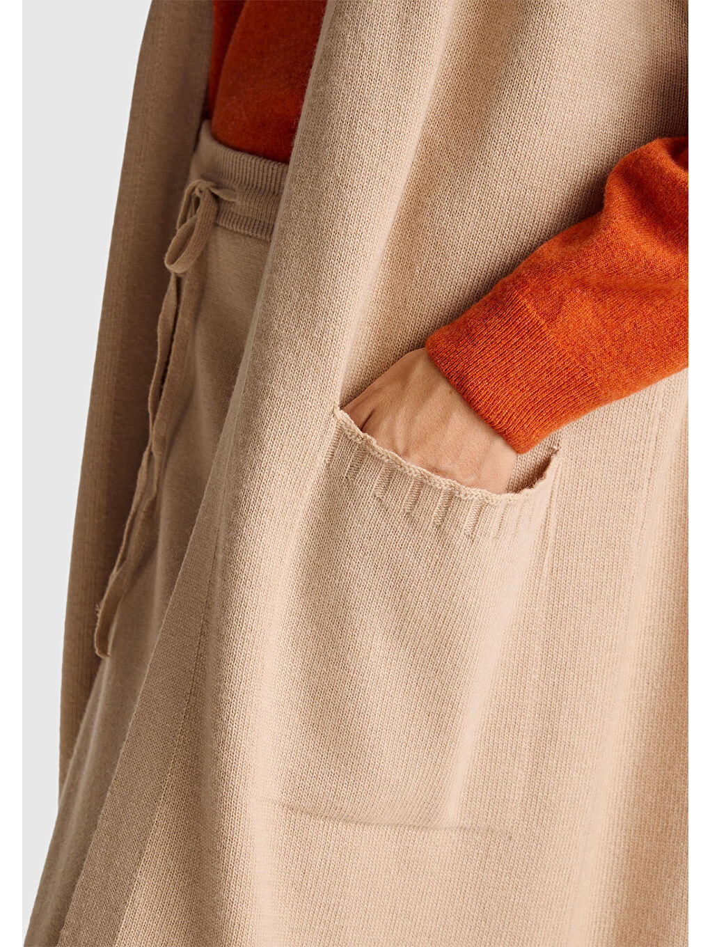 Kadın Bej Yün ve Kaşmir Karışımlı Ribana Detaylı Kısa Kollu Uzun Hırka-5