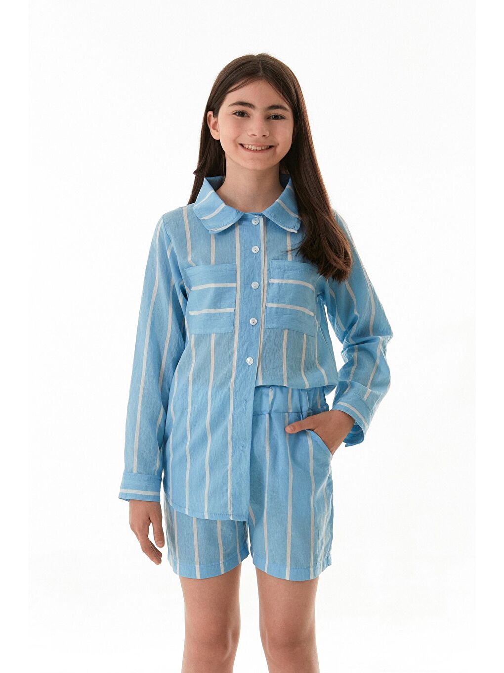 Mavi Çizgili Çift Cepli Şortlu Kız Çocuk Takım