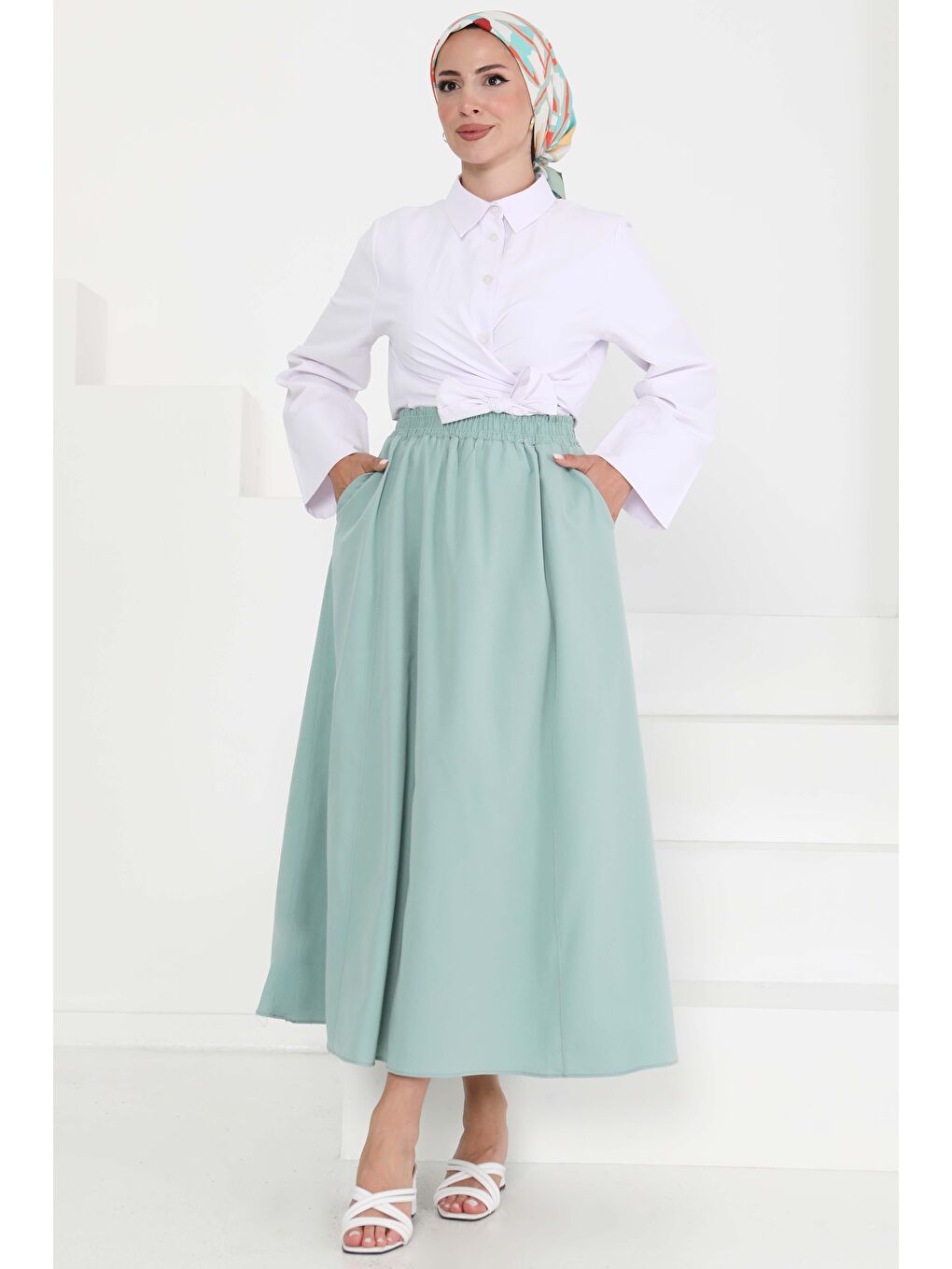 Yeşil Cepli Keten Etek Mint - 27294-2