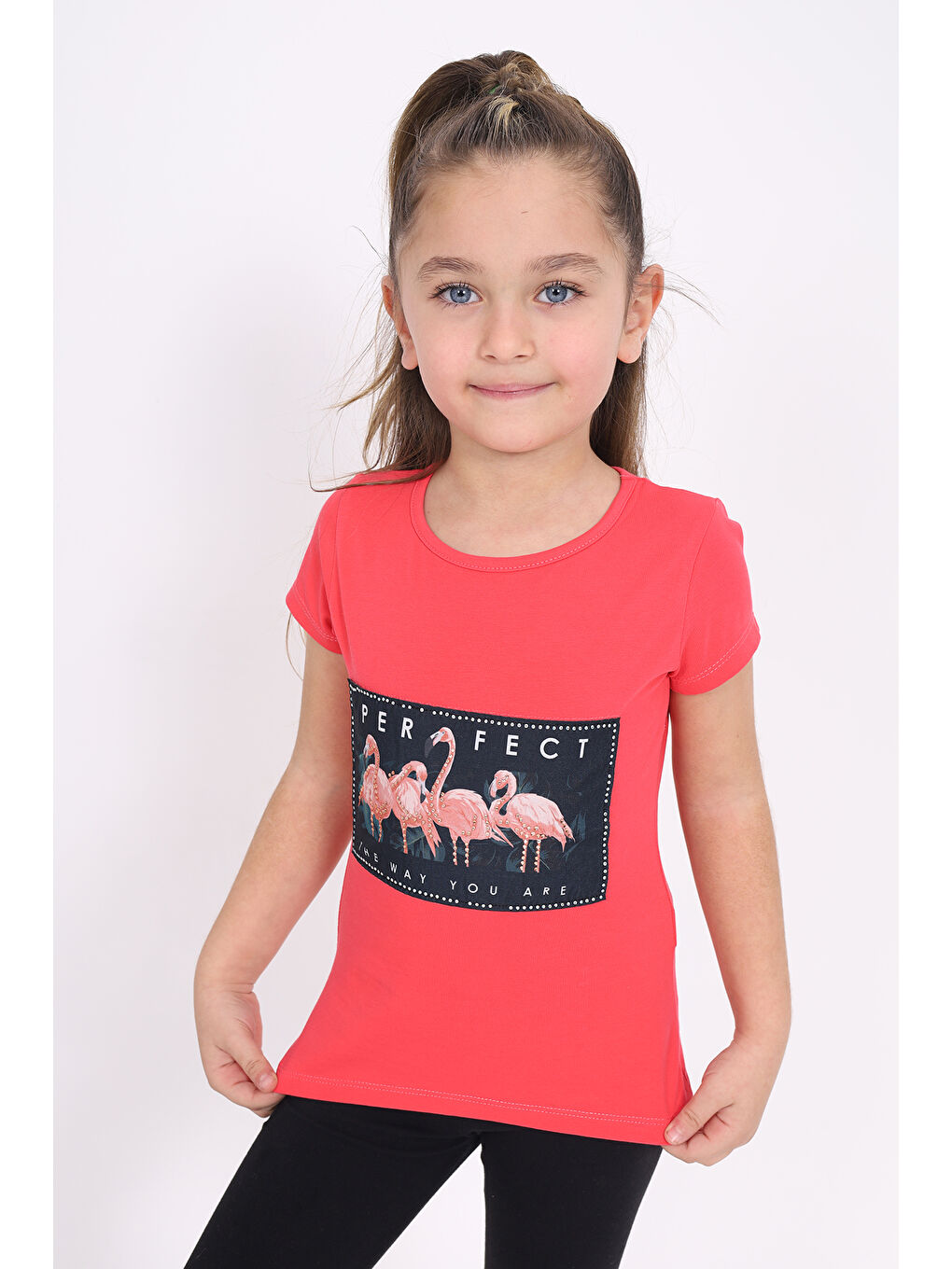 Kırmızı Kız Çocuk Flamingo Baskılı Tişört