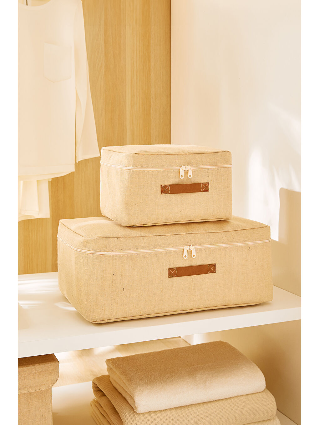 Bej 2'li Jüt Keten Hurç Set 30 x 22 x 18 / 52 x 28 x 21 cm-4