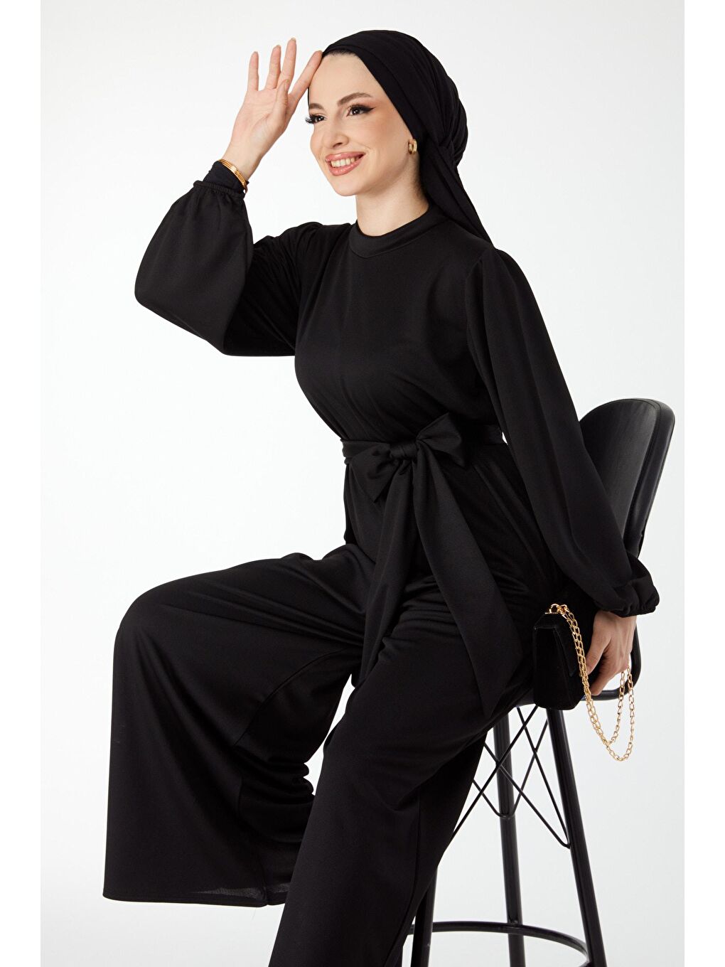 Hakim Yaka Kadın Siyah Uzun Kollu Tulum - 24432