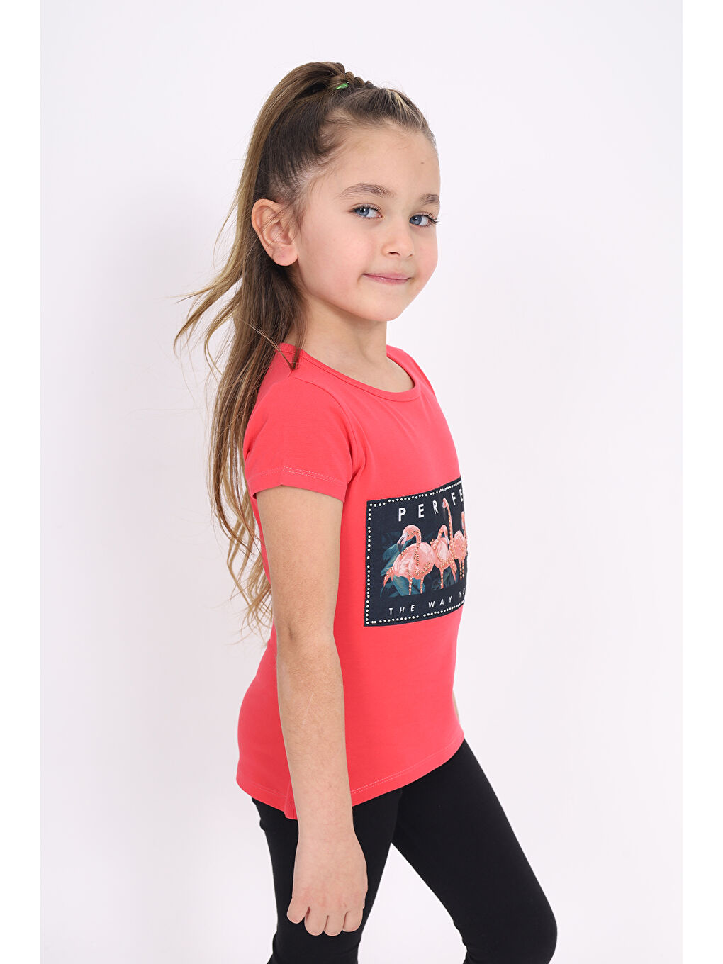 Kırmızı Kız Çocuk Flamingo Baskılı Tişört-1