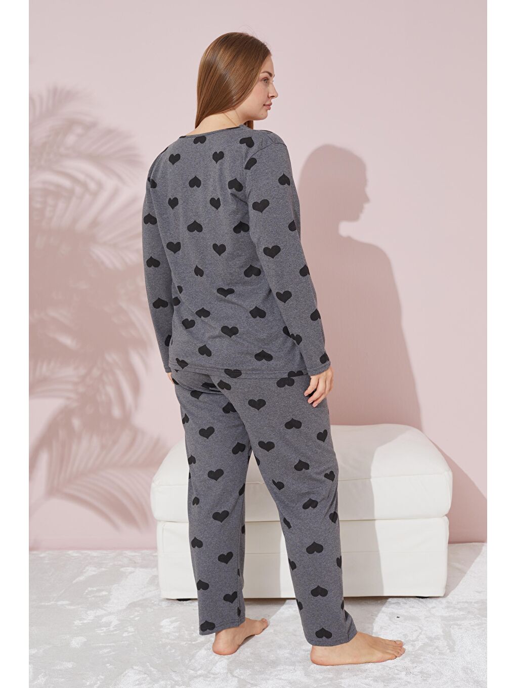Antrasit Kalp Desenli Curve Büyük Beden Örme Pamuklu Pijama Takımı-1