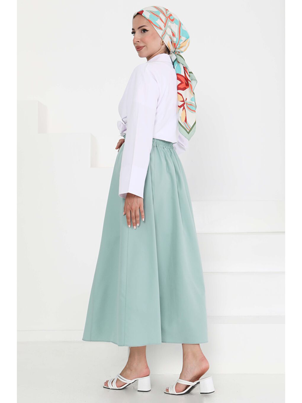 Yeşil Cepli Keten Etek Mint - 27294-3