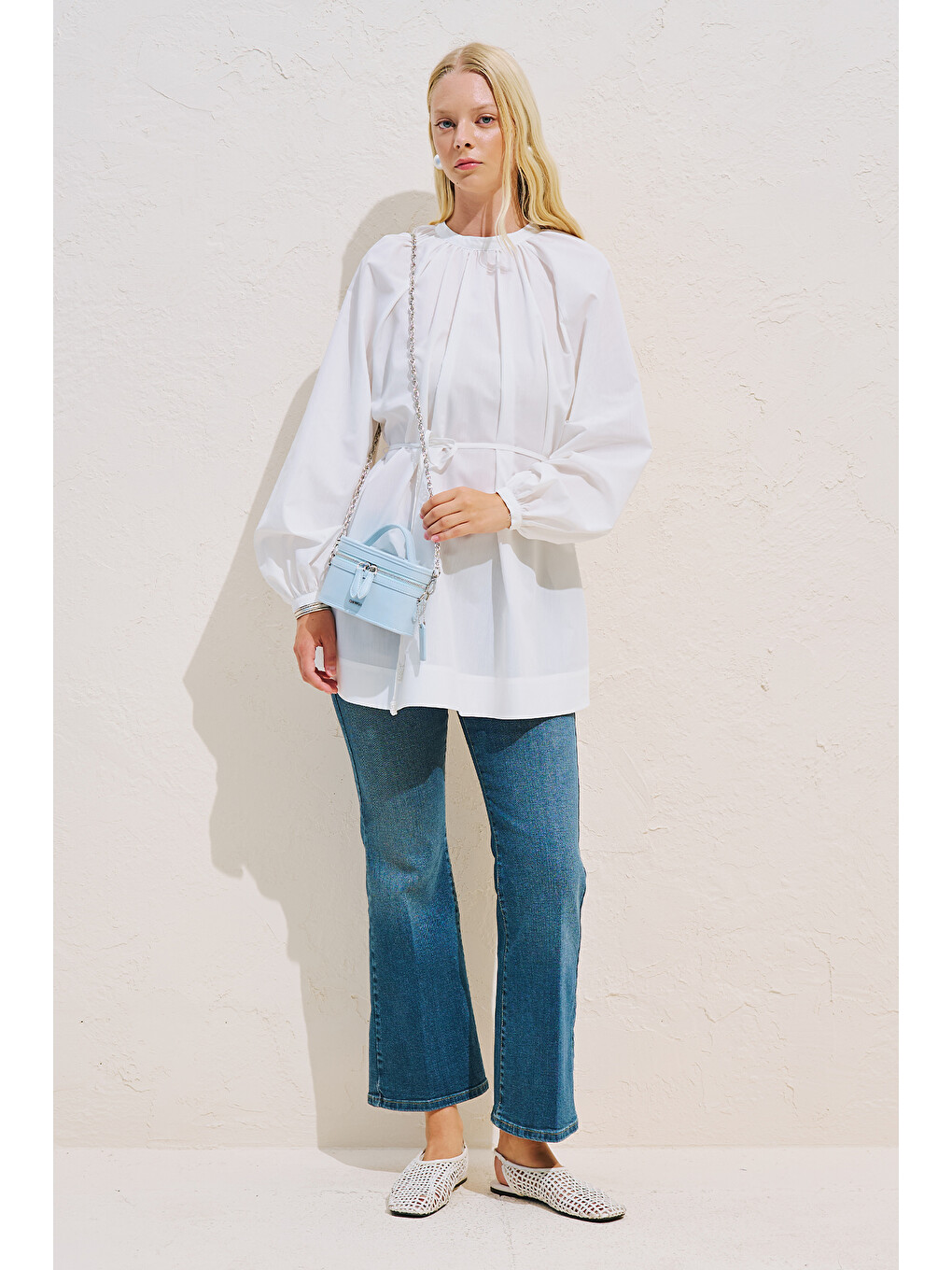 Balon Kol Kuşaklı Tunik Ekru