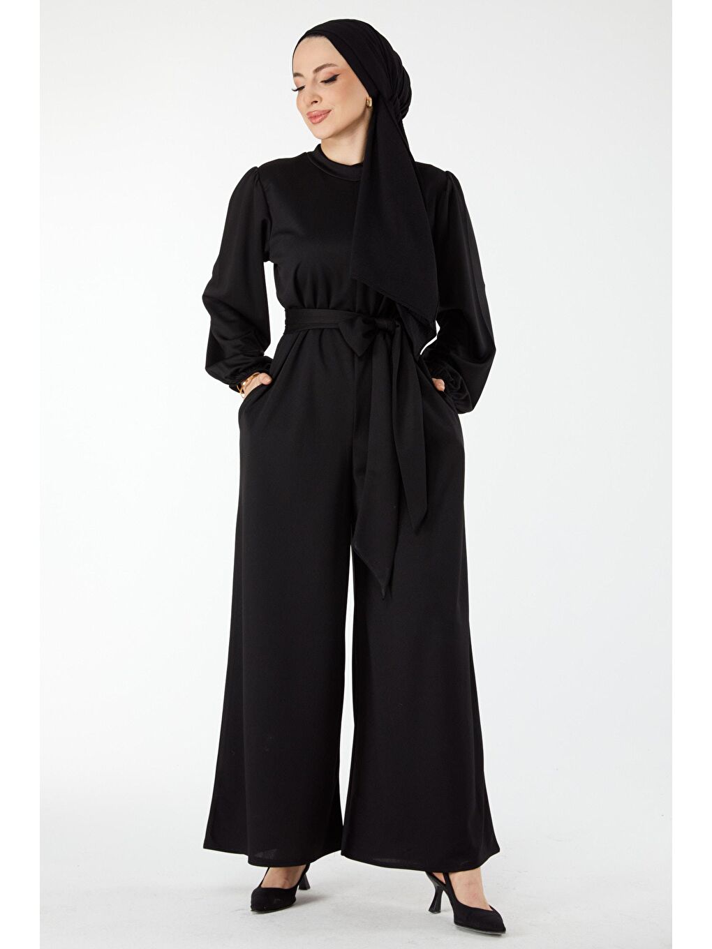 Hakim Yaka Kadın Siyah Uzun Kollu Tulum - 24432-1