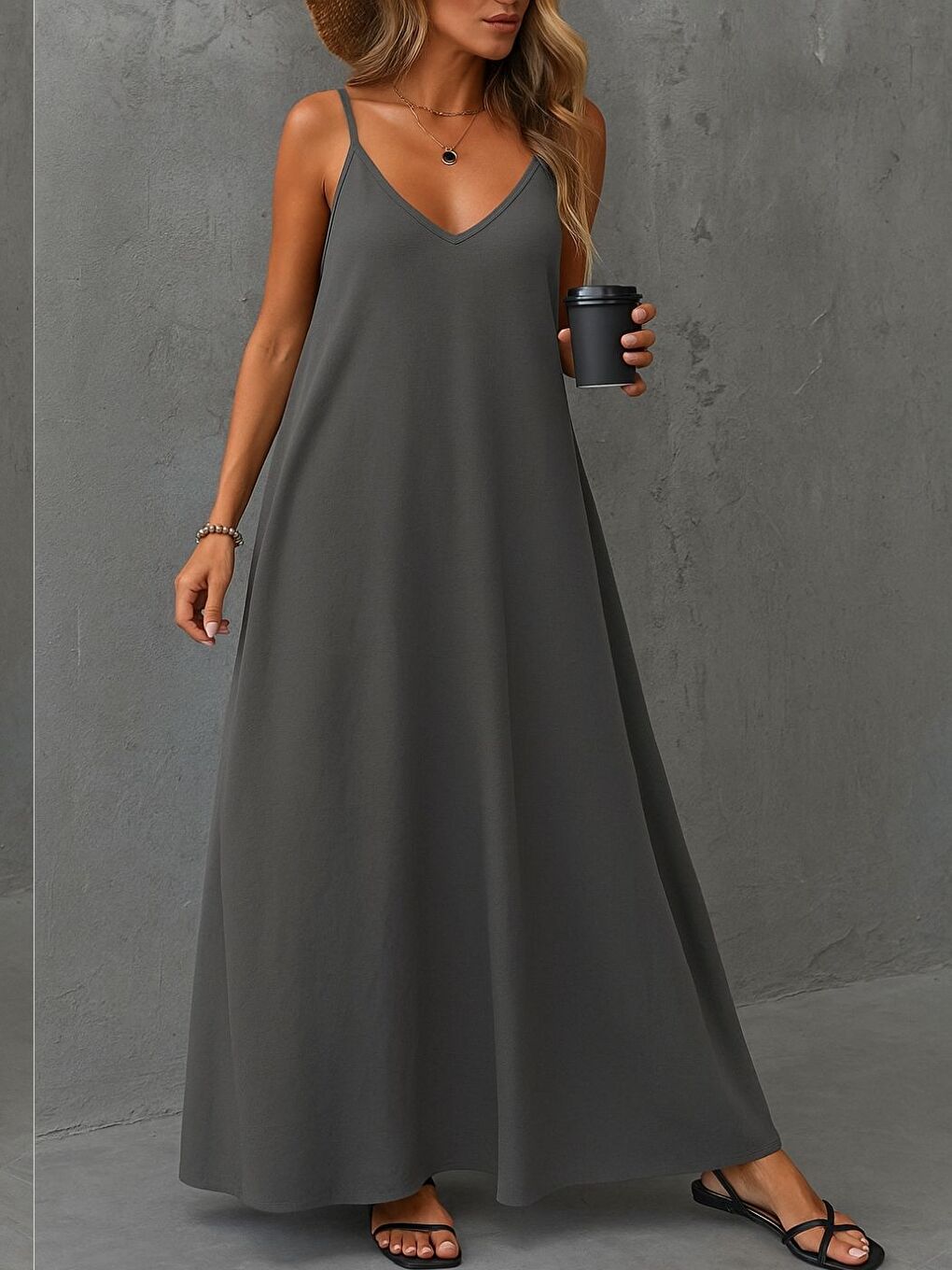 Gri Füme İp Askılı Dokuma Kumaş Maxi Elbise