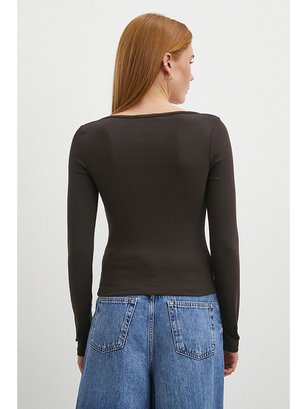 Karışık Uzun Kol Kare Yaka Bluz Kahve-5