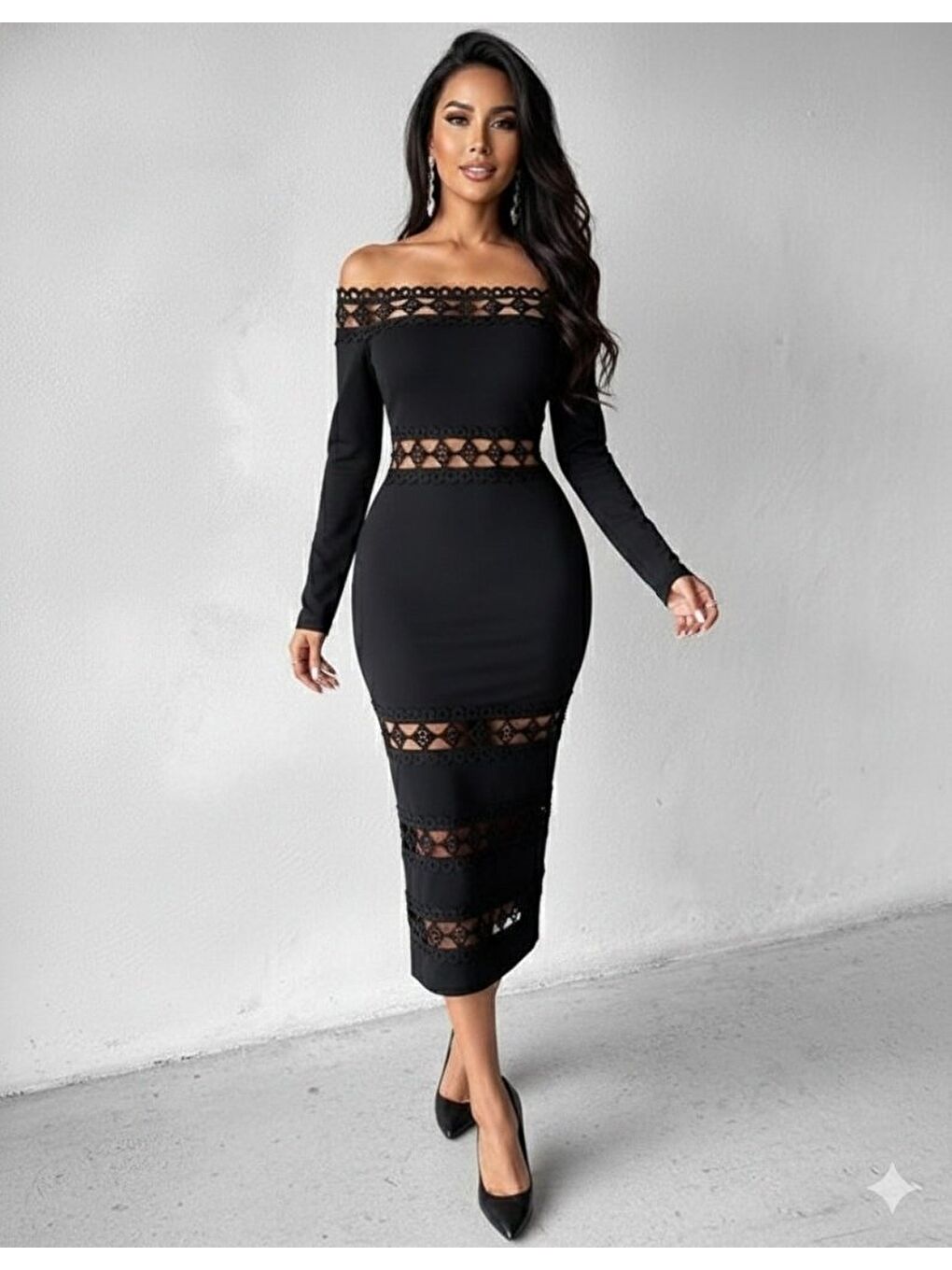 Siyah Kadın Uzun Kollu Madonna Dantel Yaka Yırtmaçlı Midi Dalgıç Elbise-3