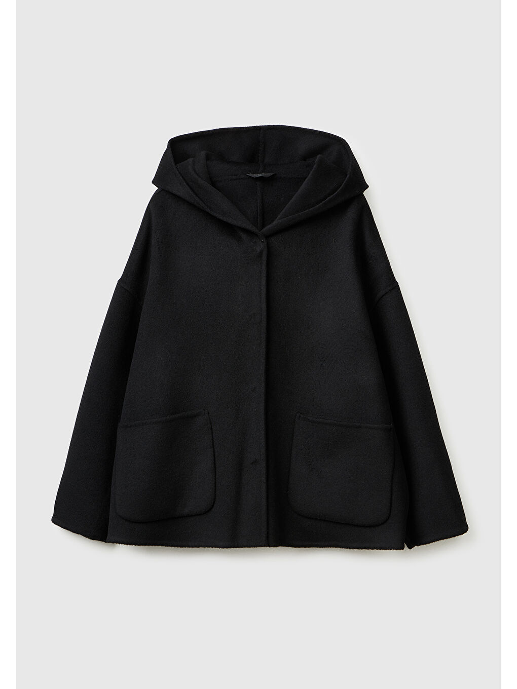 Kadın Siyah Yün ve Viskoz Karışımlı Çift Taraflı Cepli Kapüşonlu Palto-1