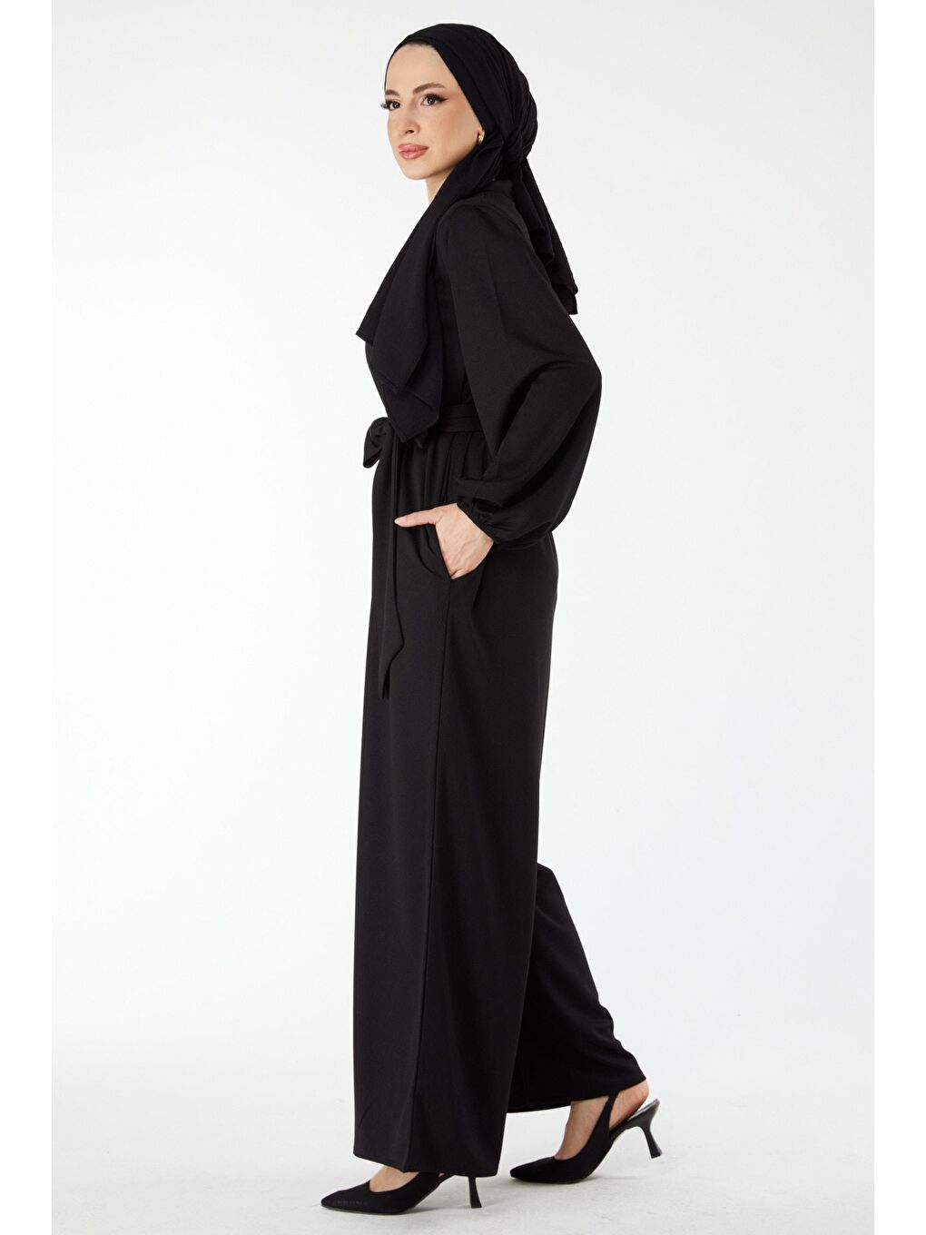 Hakim Yaka Kadın Siyah Uzun Kollu Tulum - 24432-2