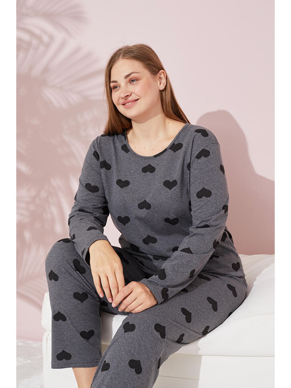 Antrasit Kalp Desenli Curve Büyük Beden Örme Pamuklu Pijama Takımı-2