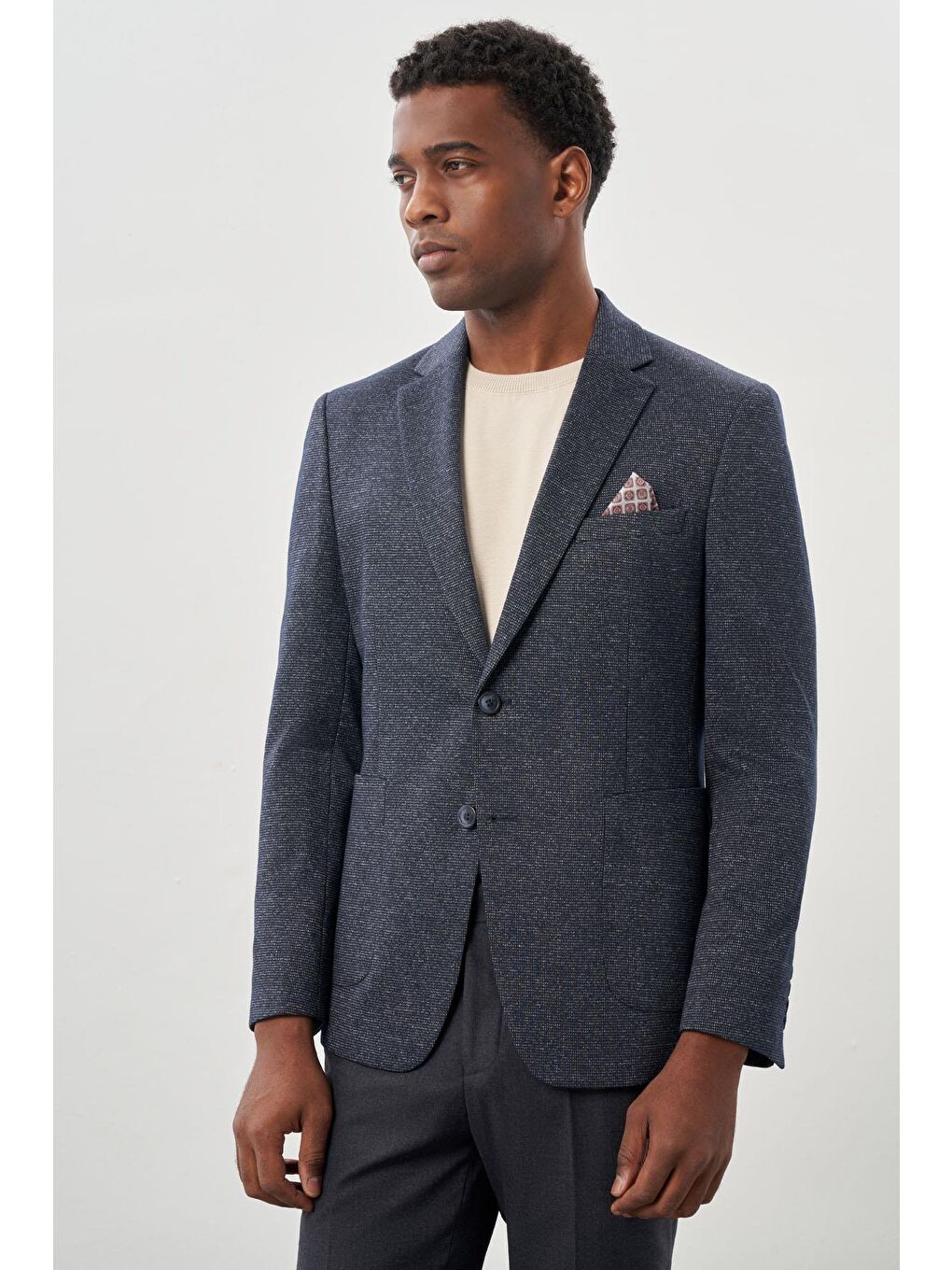 Koyu Lacivert Desenli Örme Mono Yaka Astarsız Esnek 6 Drop Slim Fit Casual Ceket 1002245159