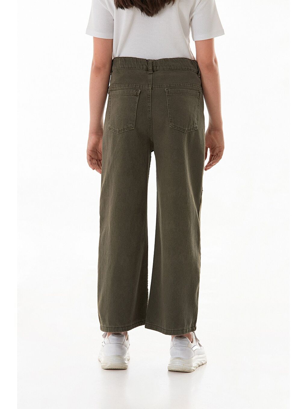 Haki %100 Pamuk Glanz Yazı Nakışlı Kız Çocuk Palazzo Pantolon-3