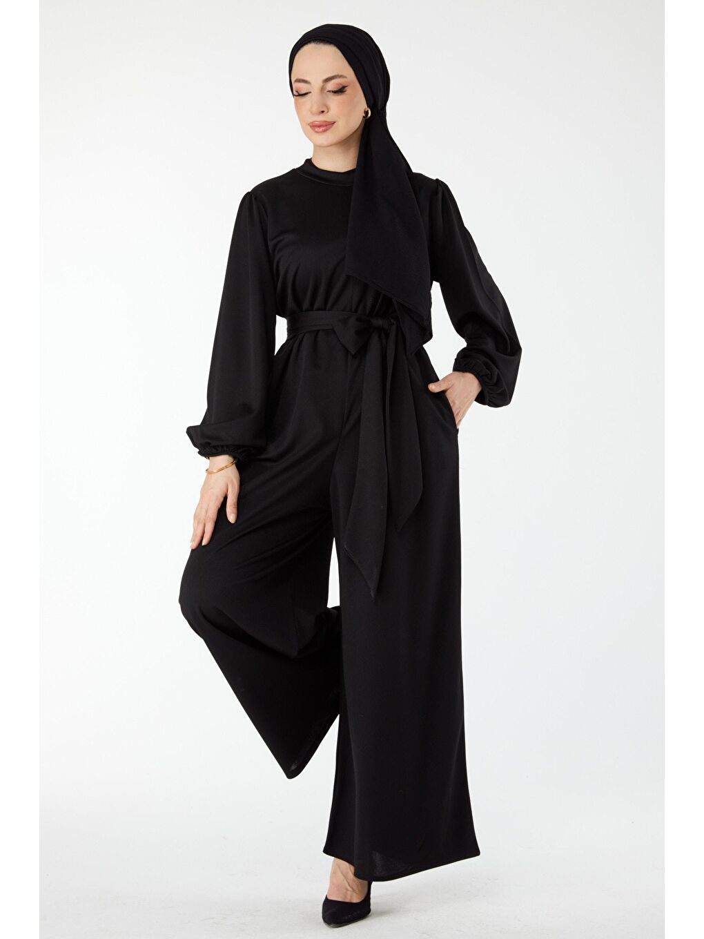 Hakim Yaka Kadın Siyah Uzun Kollu Tulum - 24432-3