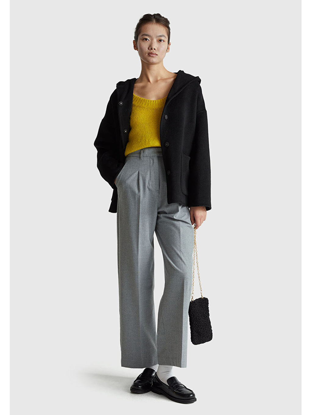 Kadın Siyah Yün ve Viskoz Karışımlı Çift Taraflı Cepli Kapüşonlu Palto-4