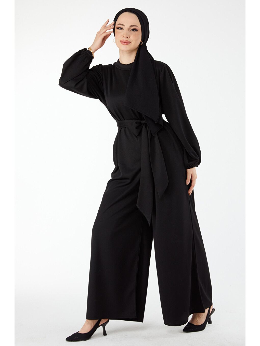 Hakim Yaka Kadın Siyah Uzun Kollu Tulum - 24432-4