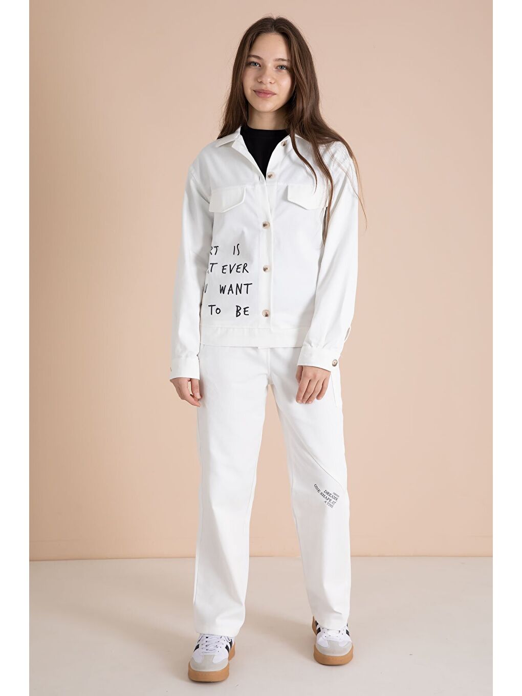 Ekru Yazı Detaylı Gömlekli Kız Çocuk Pantolonlu Gabardin Takım 23566