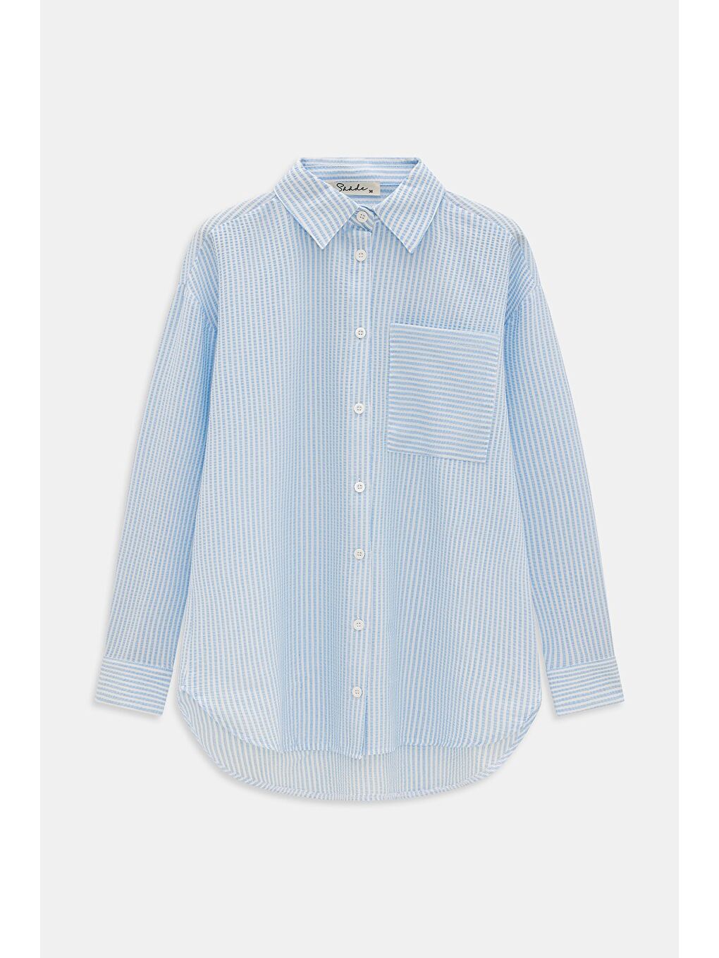 Açık Mavi Kadın Çizgili Dokulu Regular Basic Gömlek - Tek Cepli