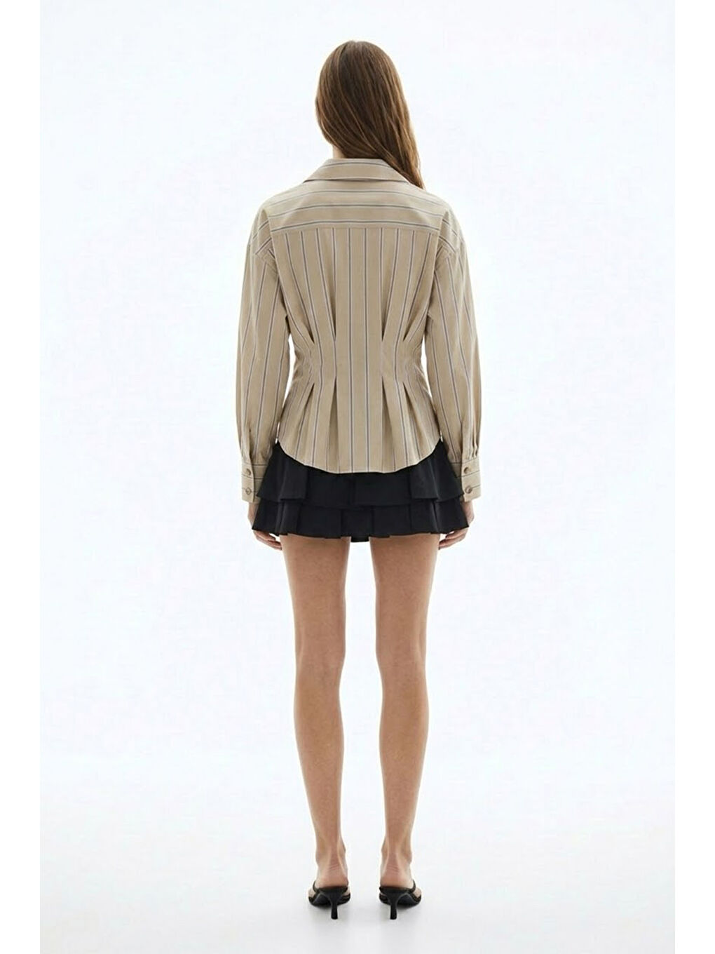 Çizgili Bele Oturan Gömlek Bej-2