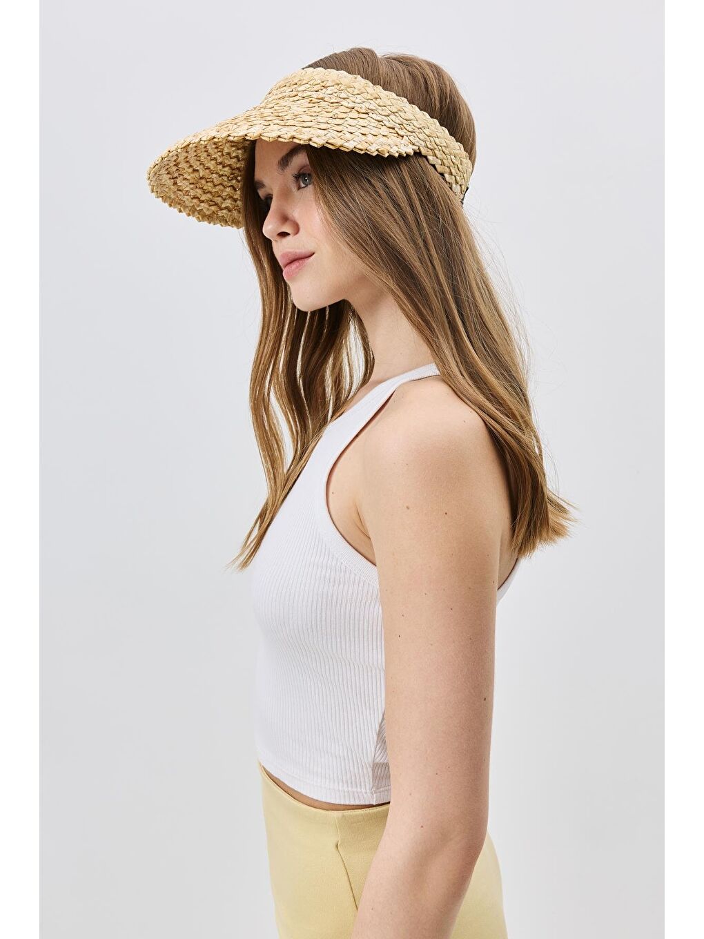 Esnek Bantlı Hasır Vizör Şapka Y8219 Bej