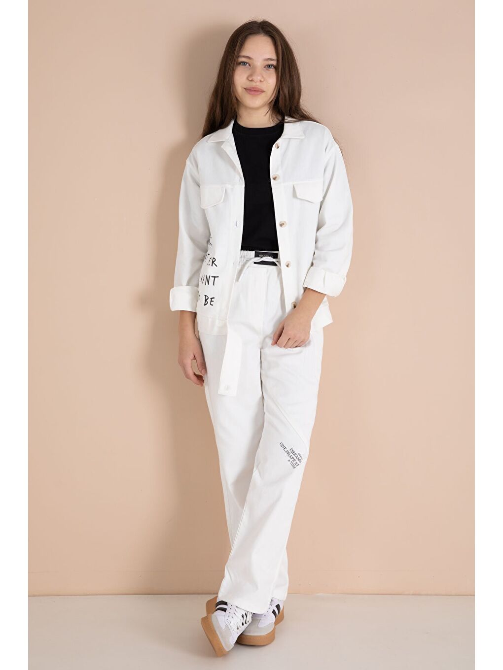 Ekru Yazı Detaylı Gömlekli Kız Çocuk Pantolonlu Gabardin Takım 23566-1