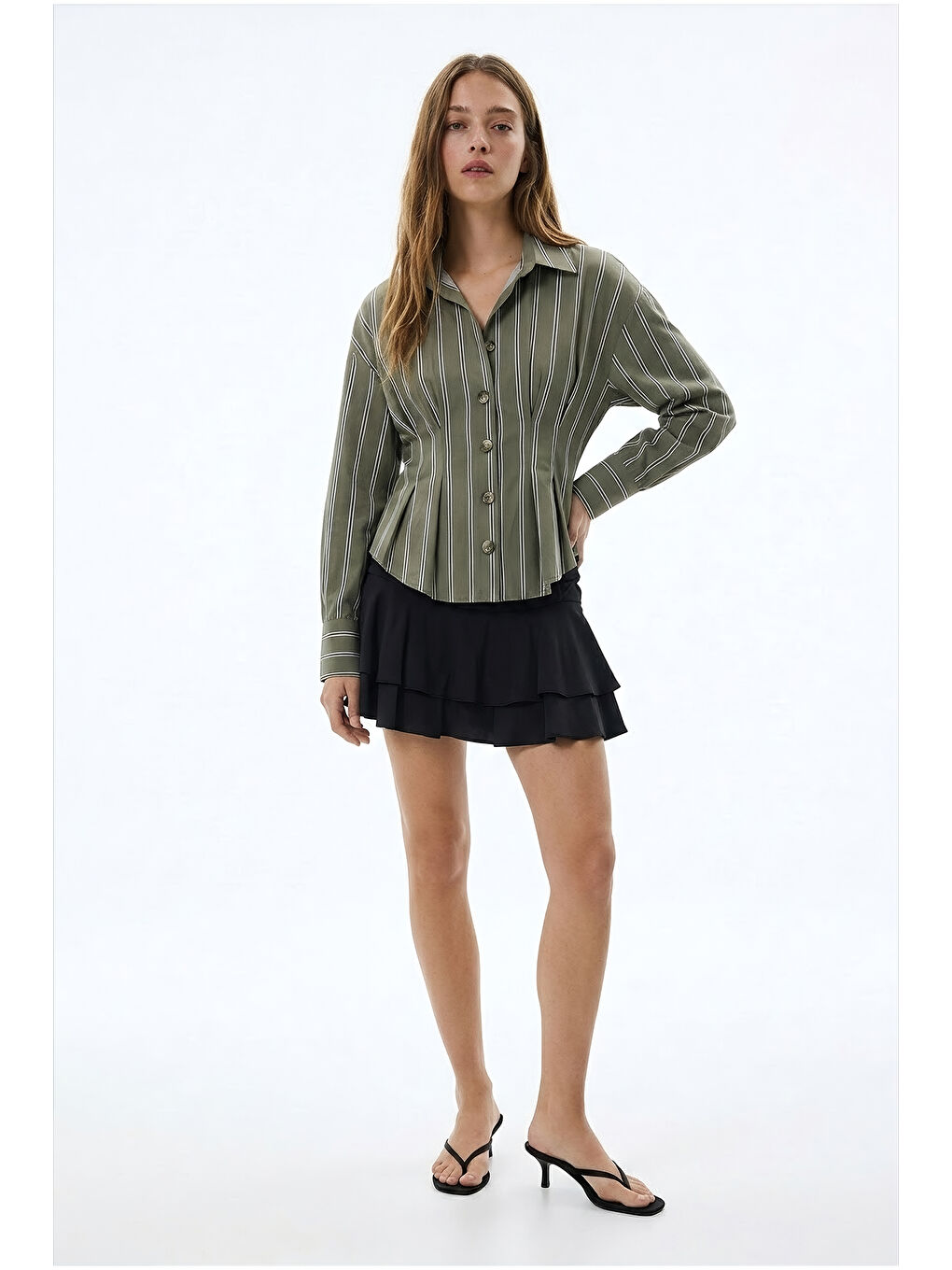 Çizgili Bele Oturan Gömlek Haki-1