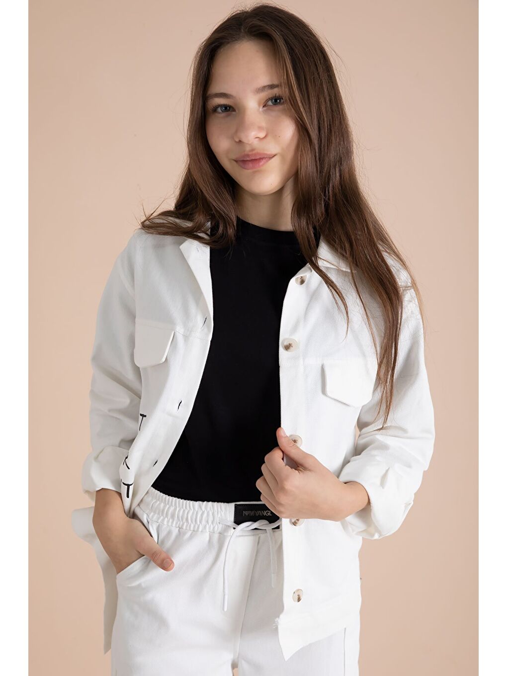 Ekru Yazı Detaylı Gömlekli Kız Çocuk Pantolonlu Gabardin Takım 23566-2