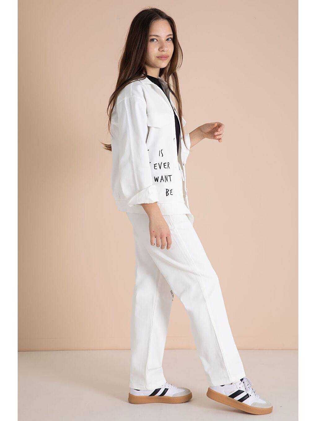 Ekru Yazı Detaylı Gömlekli Kız Çocuk Pantolonlu Gabardin Takım 23566-3