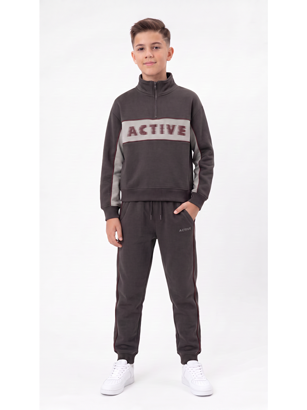 Gri Active Baskılı Baskılı Şerit Biyeli Erkek Çocuk Alt Üst Eşofman Takımı-1