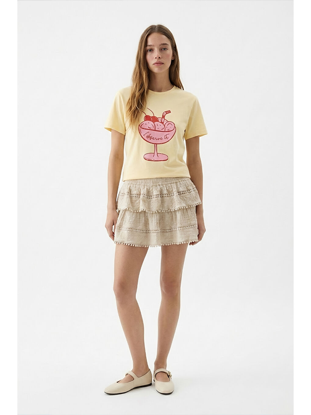 Dondurma Figürlü Oversize Tişört Sarı-1