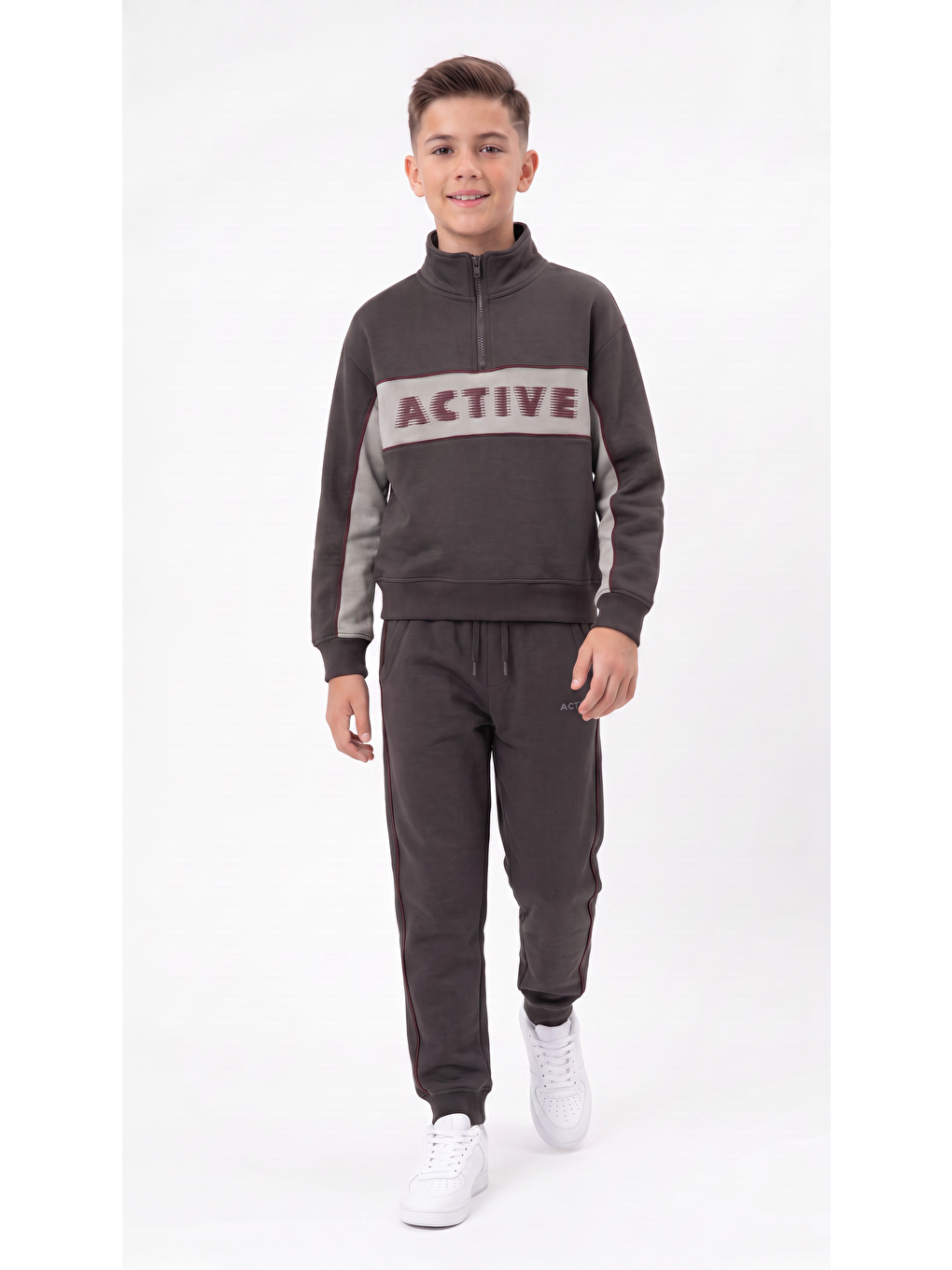 Gri Active Baskılı Baskılı Şerit Biyeli Erkek Çocuk Alt Üst Eşofman Takımı-3