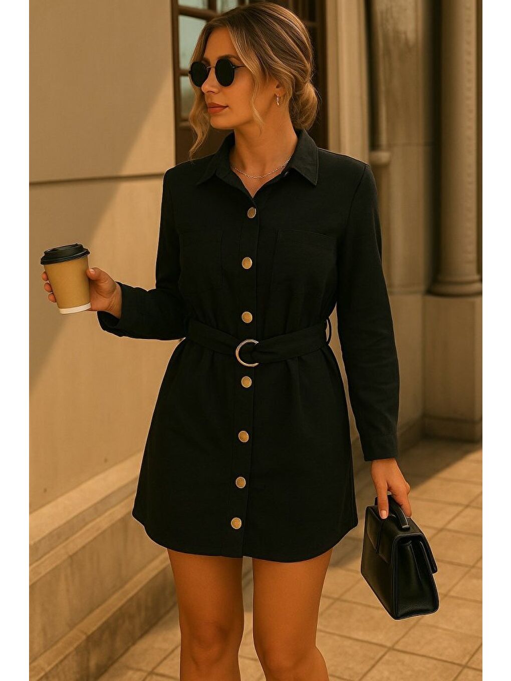 Siyah Kadın Uzun Kollu Yakalı önden Düğmeli Beli Kuşaklı Mini Ithal Keten Elbise