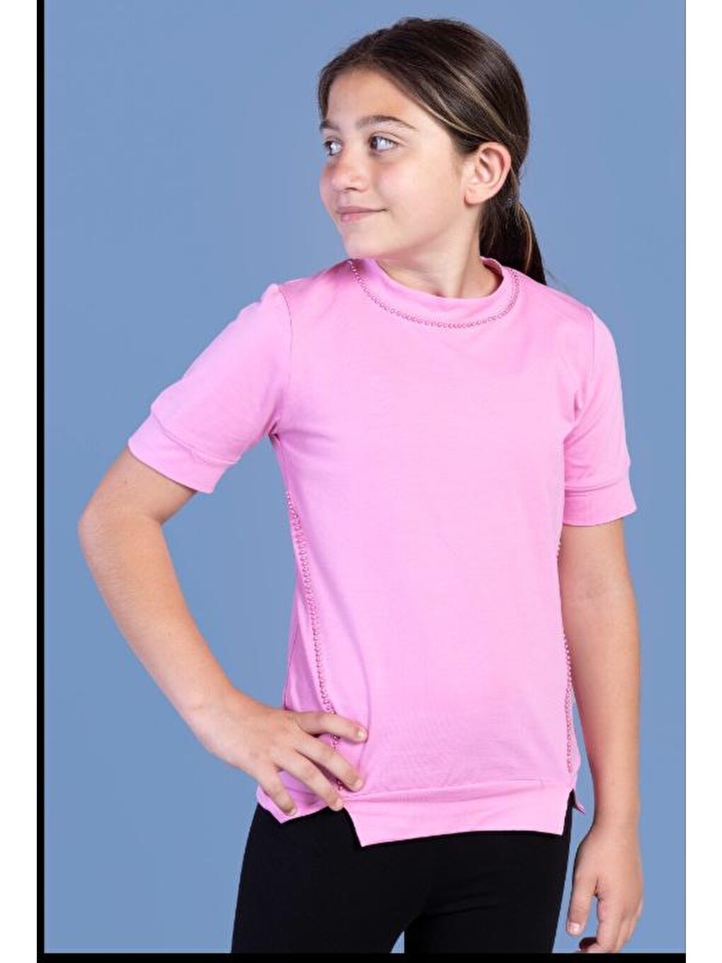Pembe Kız Çocuk Boncuk İşlemeli Okul Tişört-1