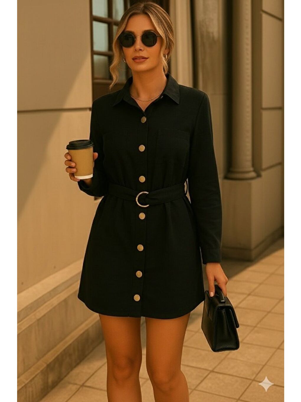 Siyah Kadın Uzun Kollu Yakalı önden Düğmeli Beli Kuşaklı Mini Ithal Keten Elbise-1