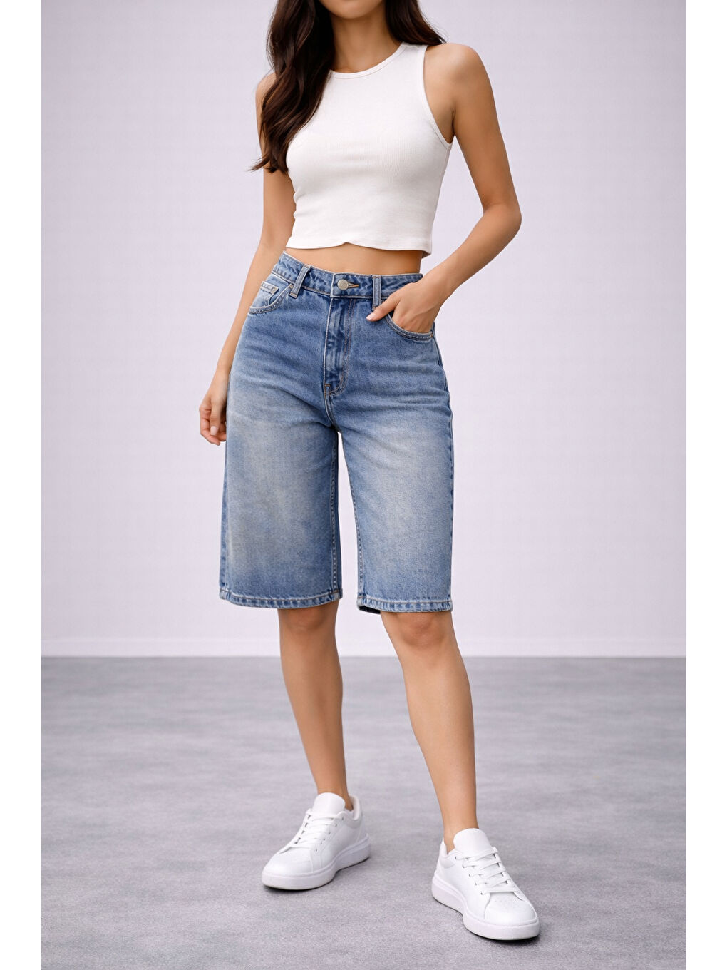 Kadın Yüksek Bel Salaş Jean Bermuda Lacivert