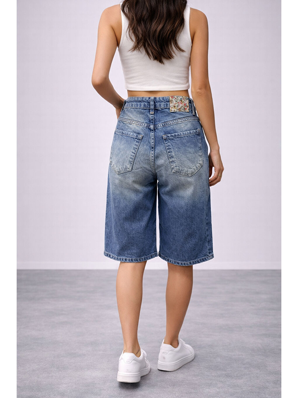 Kadın Yüksek Bel Salaş Jean Bermuda Lacivert-1