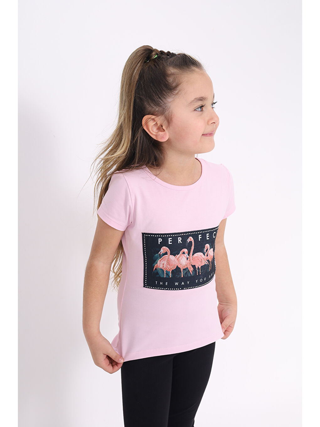 Pembe Kız Çocuk Flamingo Baskılı Tişört-1