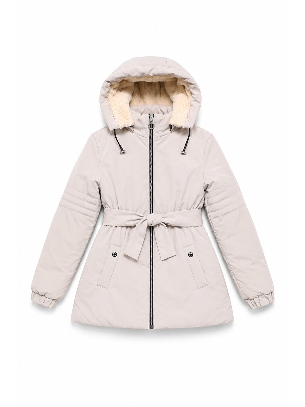 Gri Kız Çocuk Beli Kuşaklı Çıkarılabilir Kapüşonlu İçi Kürklü Şişme Mont 24880-3