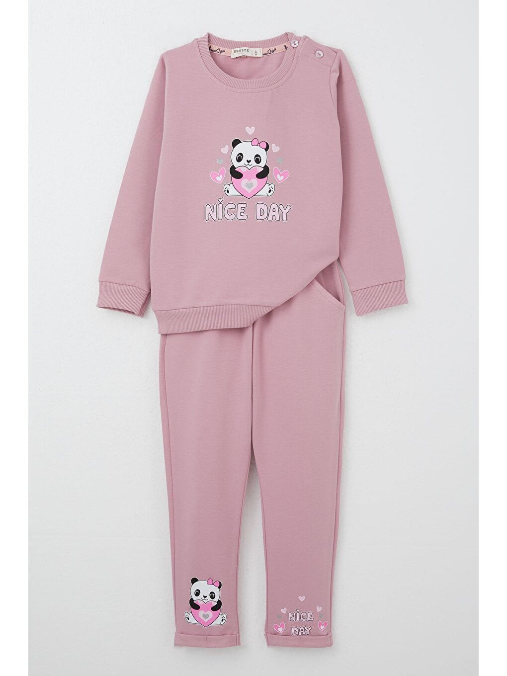 Pembe Kız Bebek Eşofman Takım Mutlu Pandacık Baskılı Gülkurusu (9 Ay-3 Yaş)