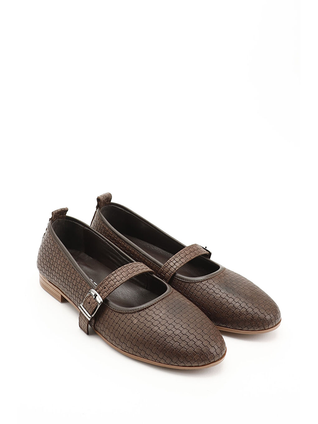 Kahverengi Kadın ORTA KAHVERENGİ Hasır Baskılı Hakiki Deri Babet-1