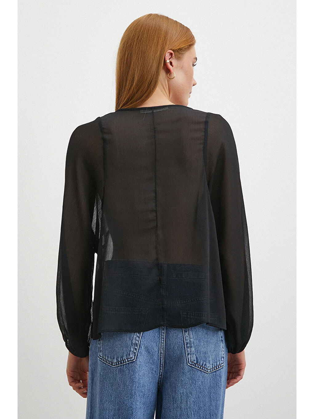 V Yaka Dantelli Transparan Bluz Siyah-5