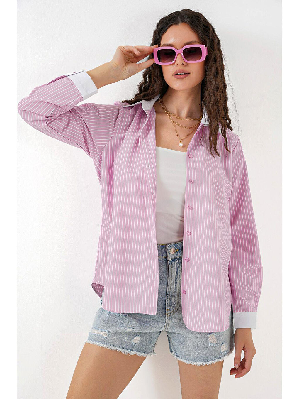 Kadın Çizgili Gömlek 20288 - Pembe