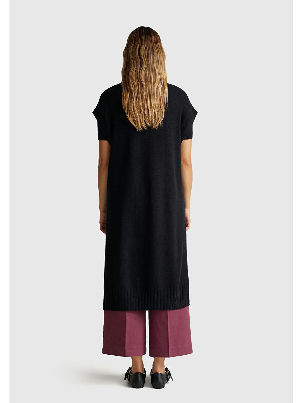 Siyah Kadın Sİyah Yün ve Kaşmir Karışımlı Ribana Detaylı Kısa Kollu Uzun Hırka-2