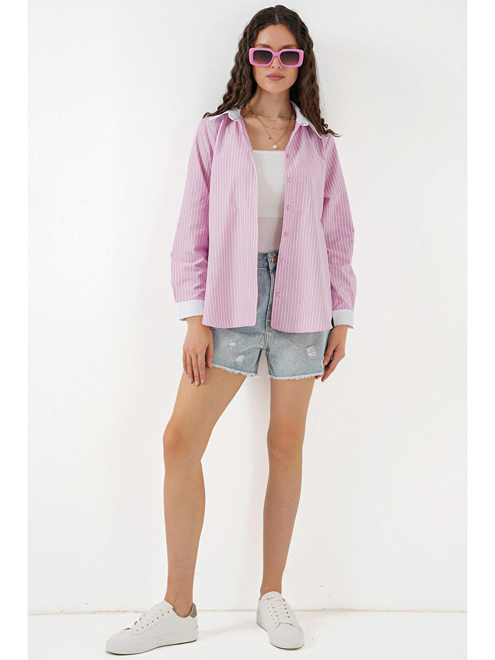 Kadın Çizgili Gömlek 20288 - Pembe-1